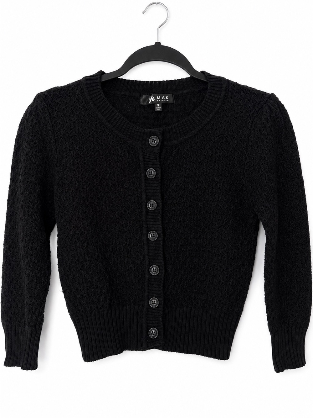 Ye Mak Sweater Black Button Front Textured Knit Cardigan 100% Cotton Women’s S